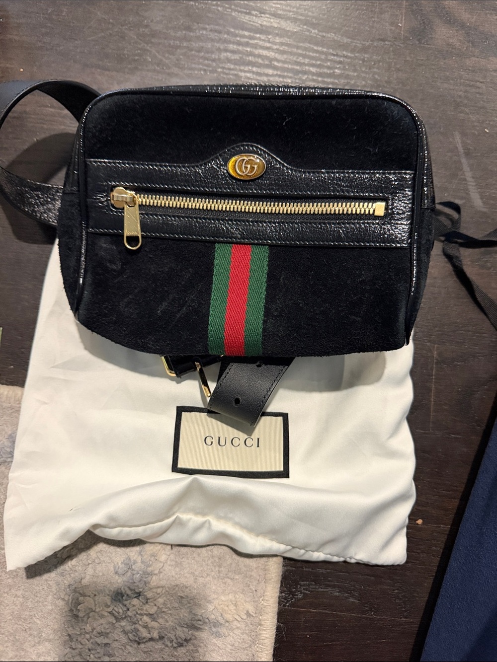 Gucci Black Suede & Leather Belt Bag with Green-Red Web Stripe